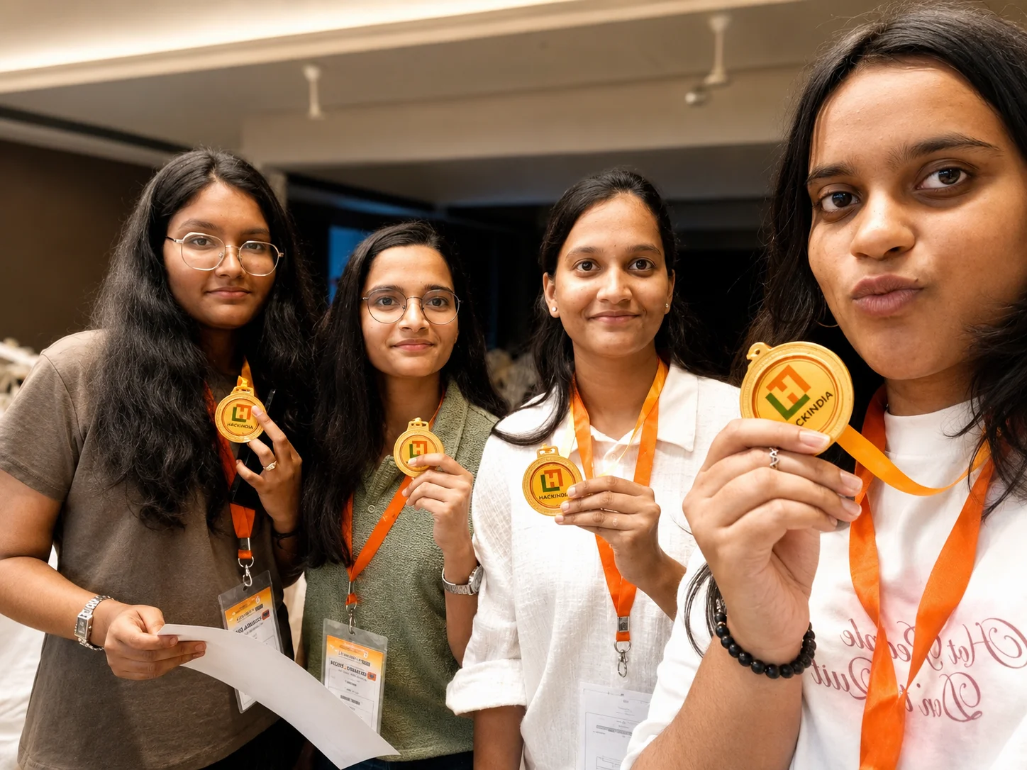 Four participants showing their HackIndia medals
